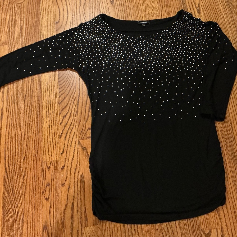 PREMISE Black Silver Studded 3/4 Sleeve Short Bodycon‎ Dress Ruched Sides L Chic